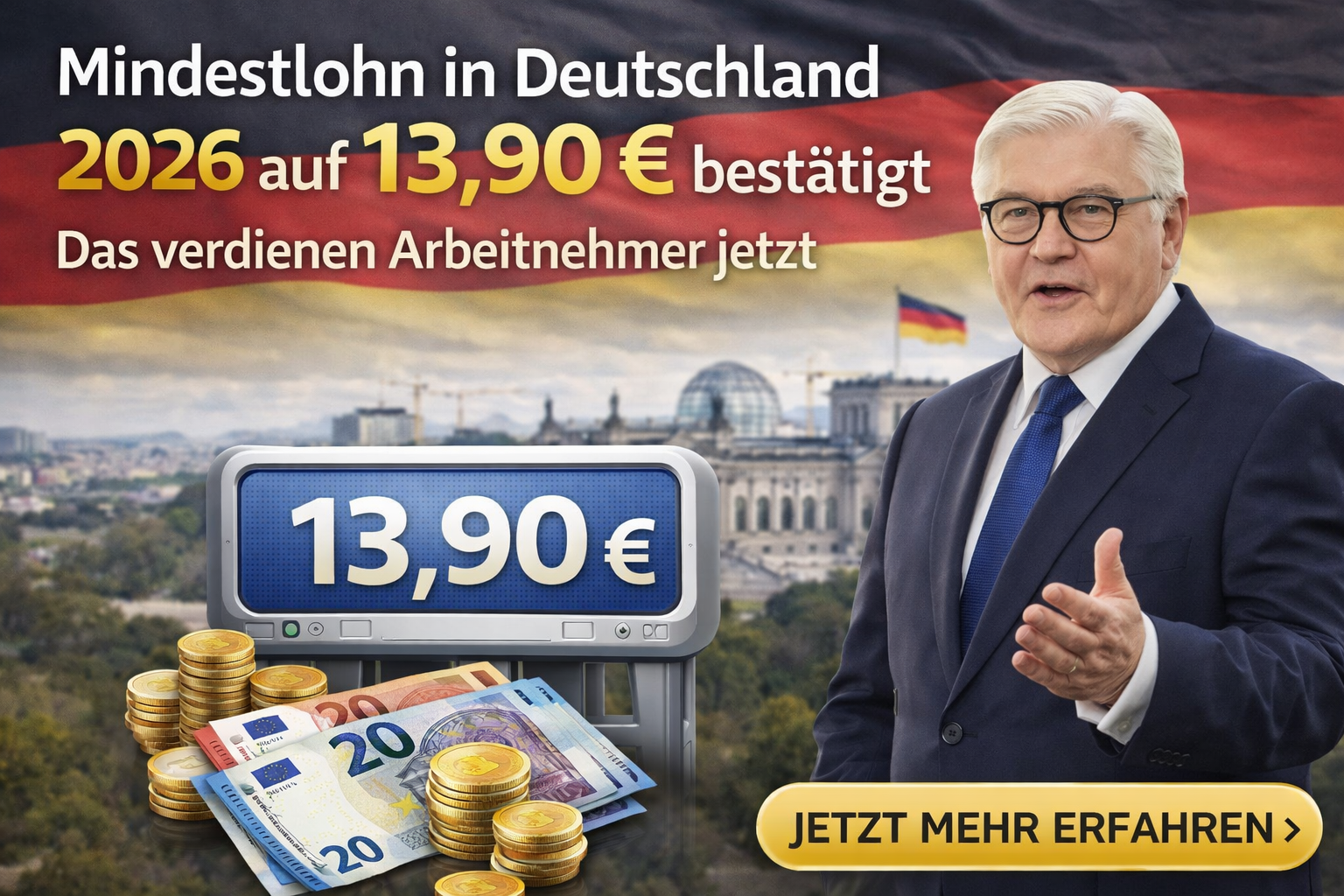 Mindestlohn in Deutschland 2026 auf 13,90 € bestätigt – Das verdienen Arbeitnehmer jetzt